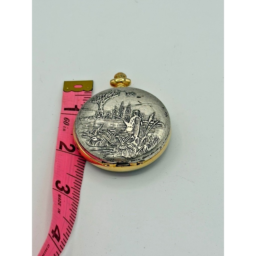 Puritan Quartz Pocket Watch Fishing Scene Hunter Case Working Japan Movement - Picture 2 of 7